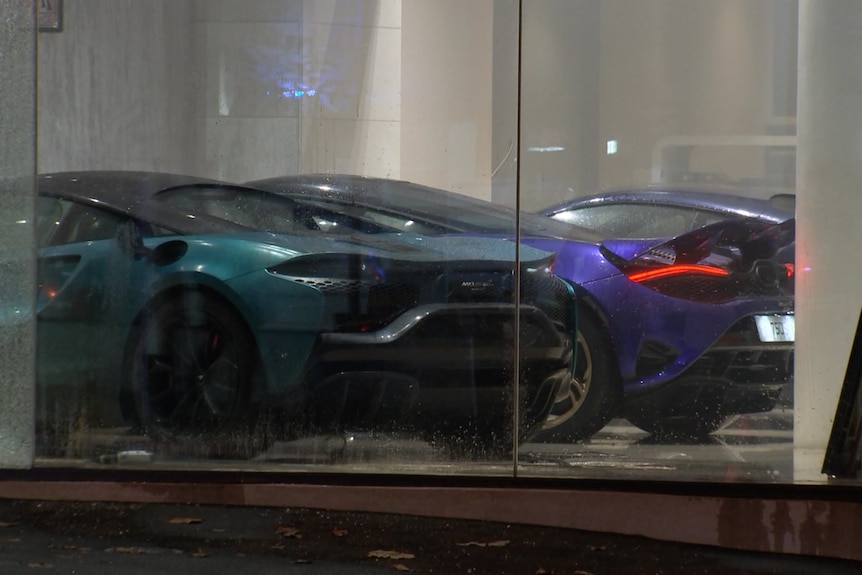 Luxury cars in a showroom