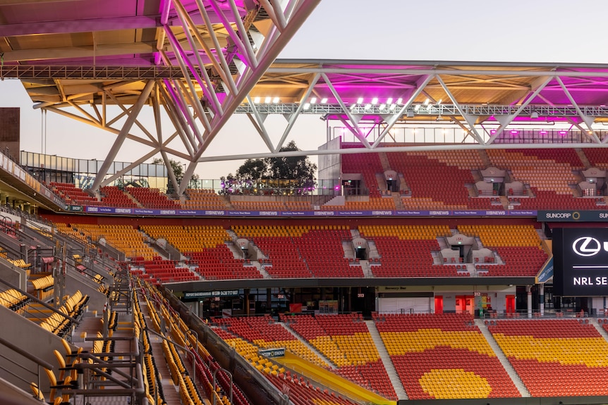 Photograph of empty stands at Suncorp Stadium.