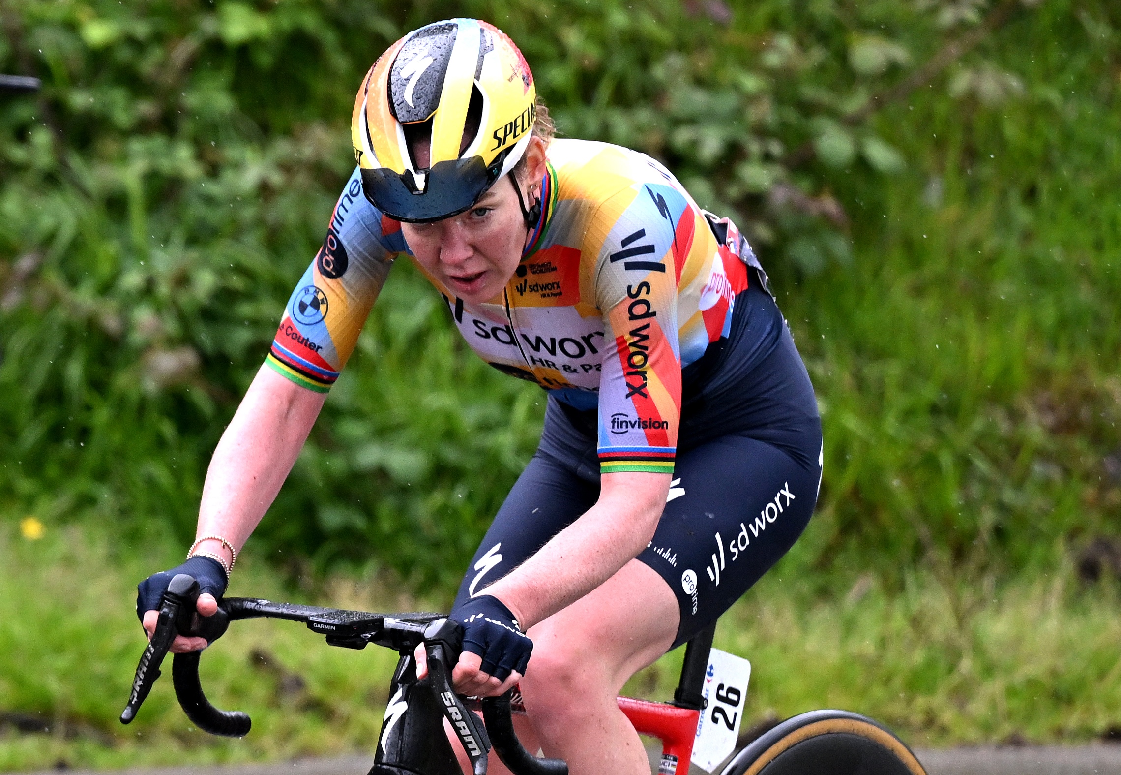 NAVA, SPAIN - MAY 08: Anna van der Breggen of Netherlands and Team SD Worx - Protime competes in the breakaway during the 12th La Vuelta Femenina 2026, Stage 6 a 106.5km stage from Gijon / Xixon to Les Praeres. Nava 738m / #UCIWWT / on May 08, 2026 in Nava, Spain. (Photo by Szymon Gruchalski/Getty Images)