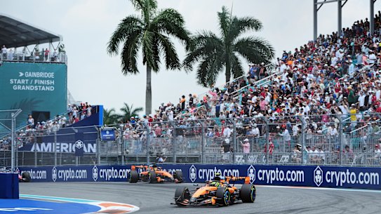 Oscar Piastri and Lando Norris in action in Miami.