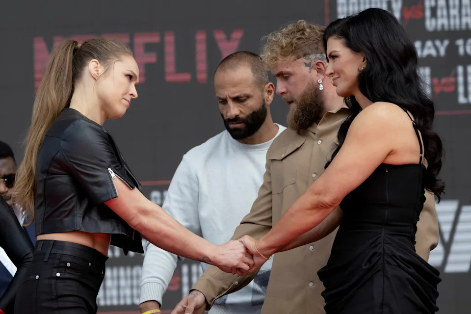 Inglewood, CA - March 10: Ronda Rousey, left, and Gina Carano shake hands after their face off during a press conference at the Intuit Dome in Inglewood, CA, on Tuesday, March 10, 2026. The main event of Most Valuable Promotions card features main event former UFC champion Rousey (12-2) against MMA trailblazer Carano (7-1) at the Intuit Dome in Inglewood, CA, on Saturday, May 16, 2026. (Photo by Hans Gutknecht/MediaNews Group/Los Angeles Daily News via Getty Images)