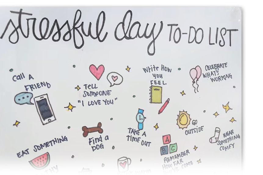 Art showing coping strategies for young people dealing with a stressful day