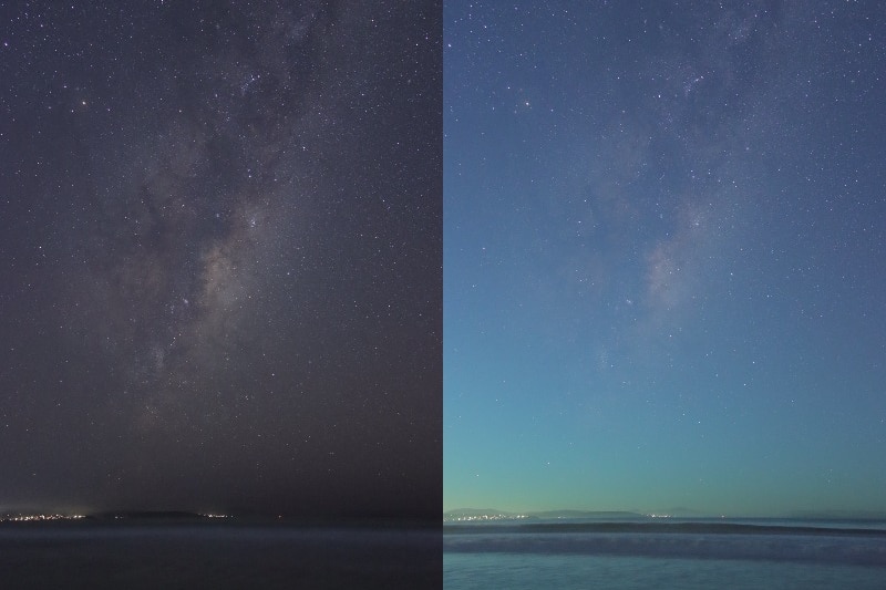 Two photos of the night sky, one is dark and the other has a green hue.