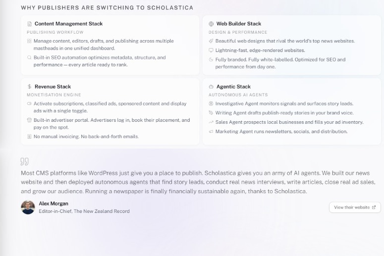 A screenshot of a website with a white background and text in four boxes showing different services on offer from Scholastica.