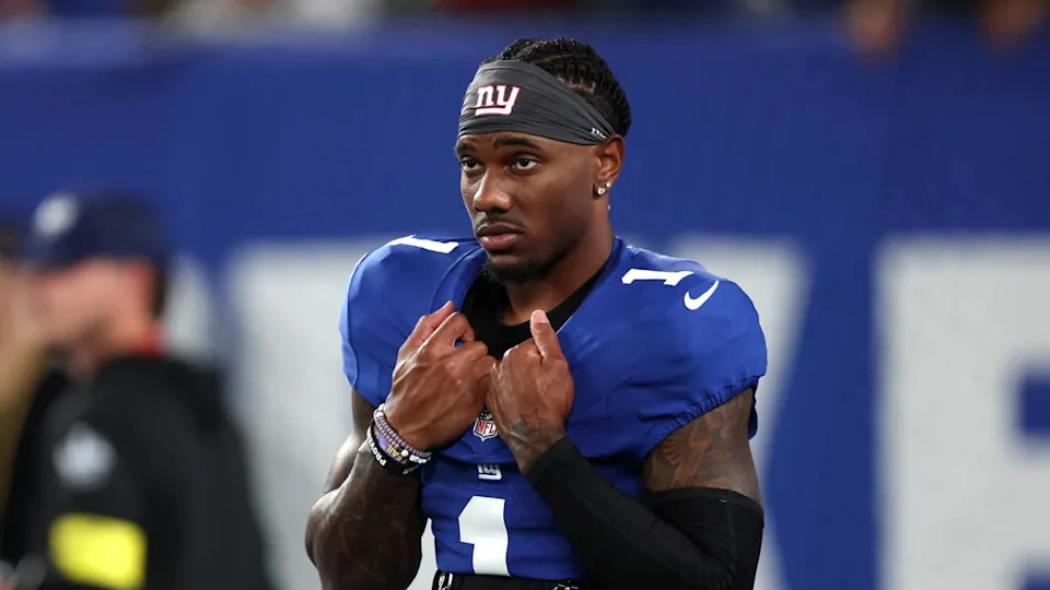 Sep 21, 2025; East Rutherford, New Jersey, USA; New York Giants wide receiver Malik Nabers (1) looks on before the game against the <a class="link " href="https://sports.yahoo.com/nfl/teams/kansas-city/" data-i13n="sec:content-canvas;subsec:anchor_text;elm:context_link" data-ylk="slk:Kansas City Chiefs;sec:content-canvas;subsec:anchor_text;elm:context_link;itc:0" data-yga="{"yLinkElement":"context_link","yModuleName":"content-canvas","yLinkText":"Kansas City Chiefs","ySubModuleName":"anchor_text","yHasCommerce":false}">Kansas City Chiefs</a> at MetLife Stadium. Mandatory Credit: Vincent Carchietta-Imagn Images© Vincent Carchietta-Imagn Images&period;