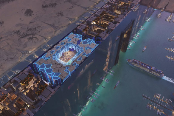 An artist’s impression of Neom Stadium, a football stadium in the sky perched 350 metres above sea level.