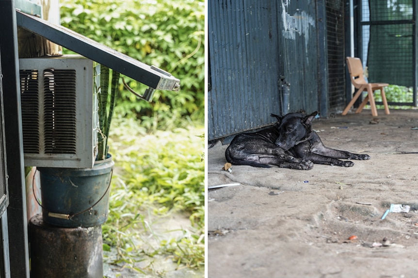 uneven floor and makeshift installations hold up an airconditioning unit. 
