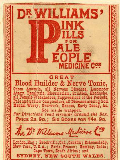 A label for Dr Williams’ Pink Pills for Pale People.