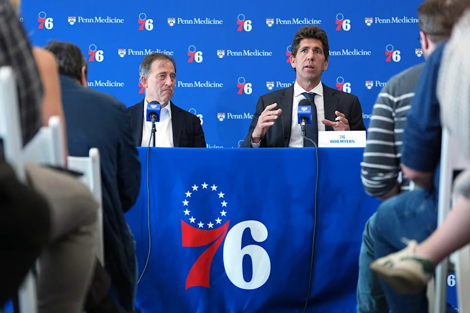 Philadelphia 76ers Managing Partner Josh Harris, left, and Bob Myers, President of Sports for Harris Blitzer Sports & Entertainment, take part in a news conference at the NBA basketball team's practice facility in Camden, N.J., Thursday, May 14, 2026. (AP Photo/Matt Rourke)