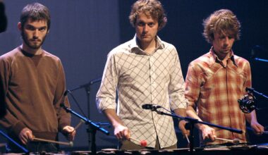 Kjartan Sveinsson (L), Georg Holm (C) and Orri Pall Dyrason (R) of Sigur R&oacute;s during a rehearsal of Odin