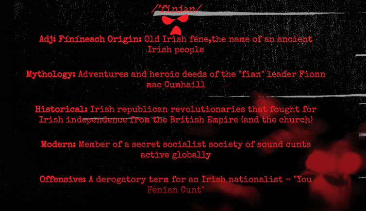 A screenshot of a webpage showing various meanings and uses of the term 'Fenian'.