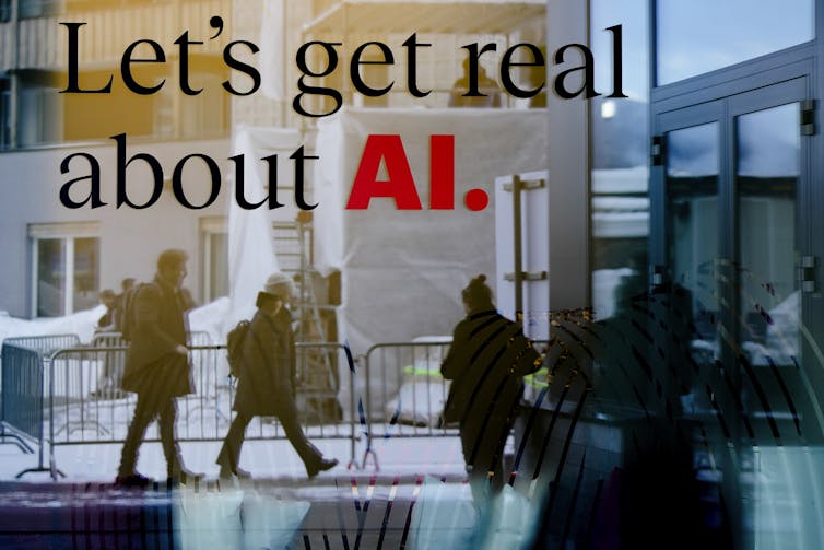A hotel window reflects images of people with a words hovering above that read: Let's get real about AI.