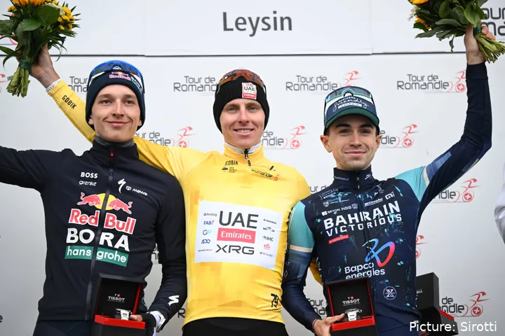 Florian Lipowitz, Tadej Pogacar and Lenny Martinez on the Tour de Romandie 2026 final podium