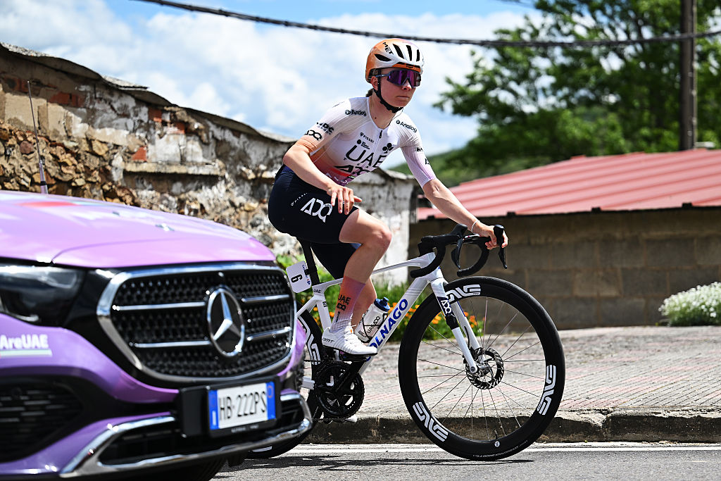 ASTORGA, SPAIN - MAY 07: Maeva Squiban of France and UAE Team ADQ competes during the 12th La Vuelta Femenina 2026, Stage 5 a 119.6km stage from Leon to Astorga / #UCIWWT / on May 07, 2026 in Astorga, Spain. (Photo by Szymon Gruchalski/Getty Images)