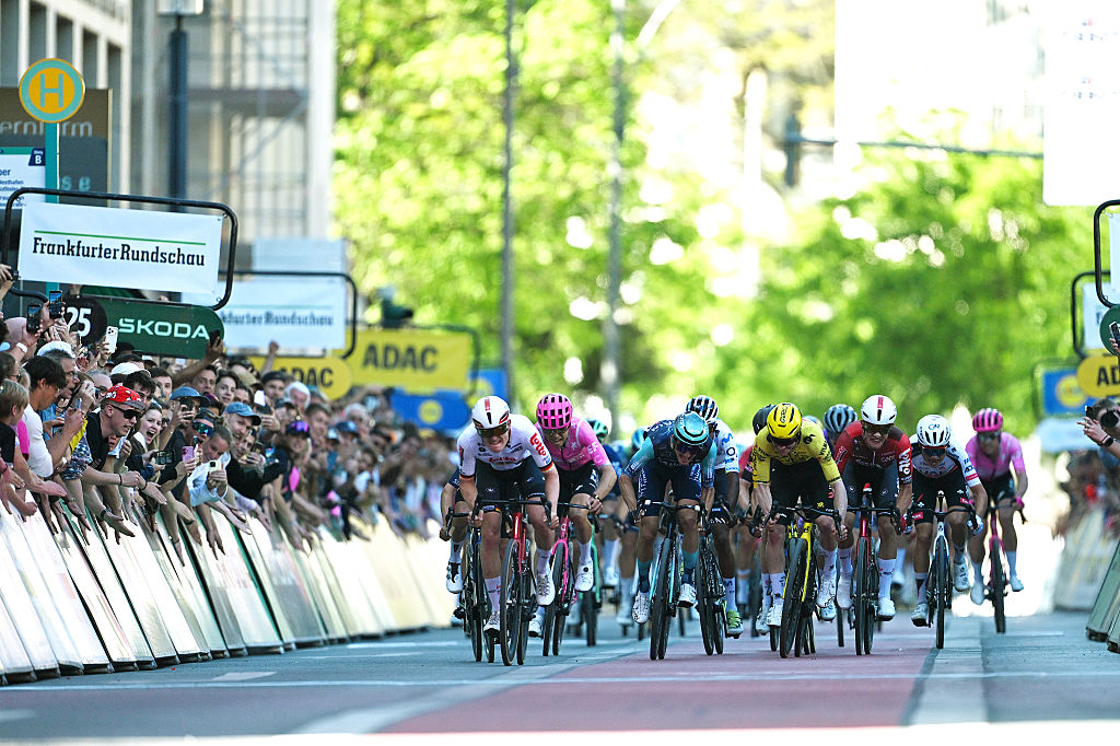 FRANKFURT AM MAIN, GERMANY - MAY 01: (L-R) Race winner Georg Zimmermann of Germany and Team Lotto Intermarche, Alex Baudin of France and Team EF Education - EasyPost, Pello Bilbao of Spain and Team Bahrain - Victorious, Ben Tulett of Great Britain and Team Visma | Lease a Bike and Simone Gualdi of Italy and Team Lotto Intermarche sprint at finish line during the 63rd Eschborn-Frankfurt 2026 a 211.4km one day race from Eschborn to Frankfurt am Main / #UCIWT / on May 01, 2026 in Frankfurt am Main, Germany. (Photo by Christian Kaspar-Bartke/Getty Images)