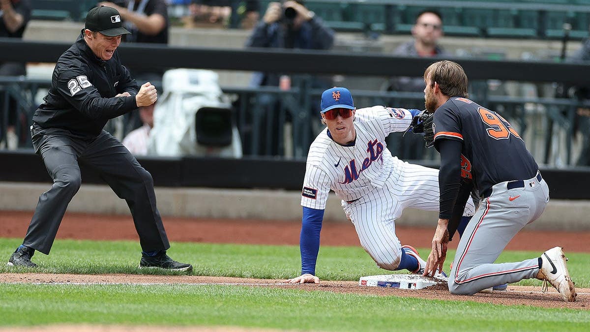 Gage Workman tagged out by Brett Baty at Citi Field during baseball game