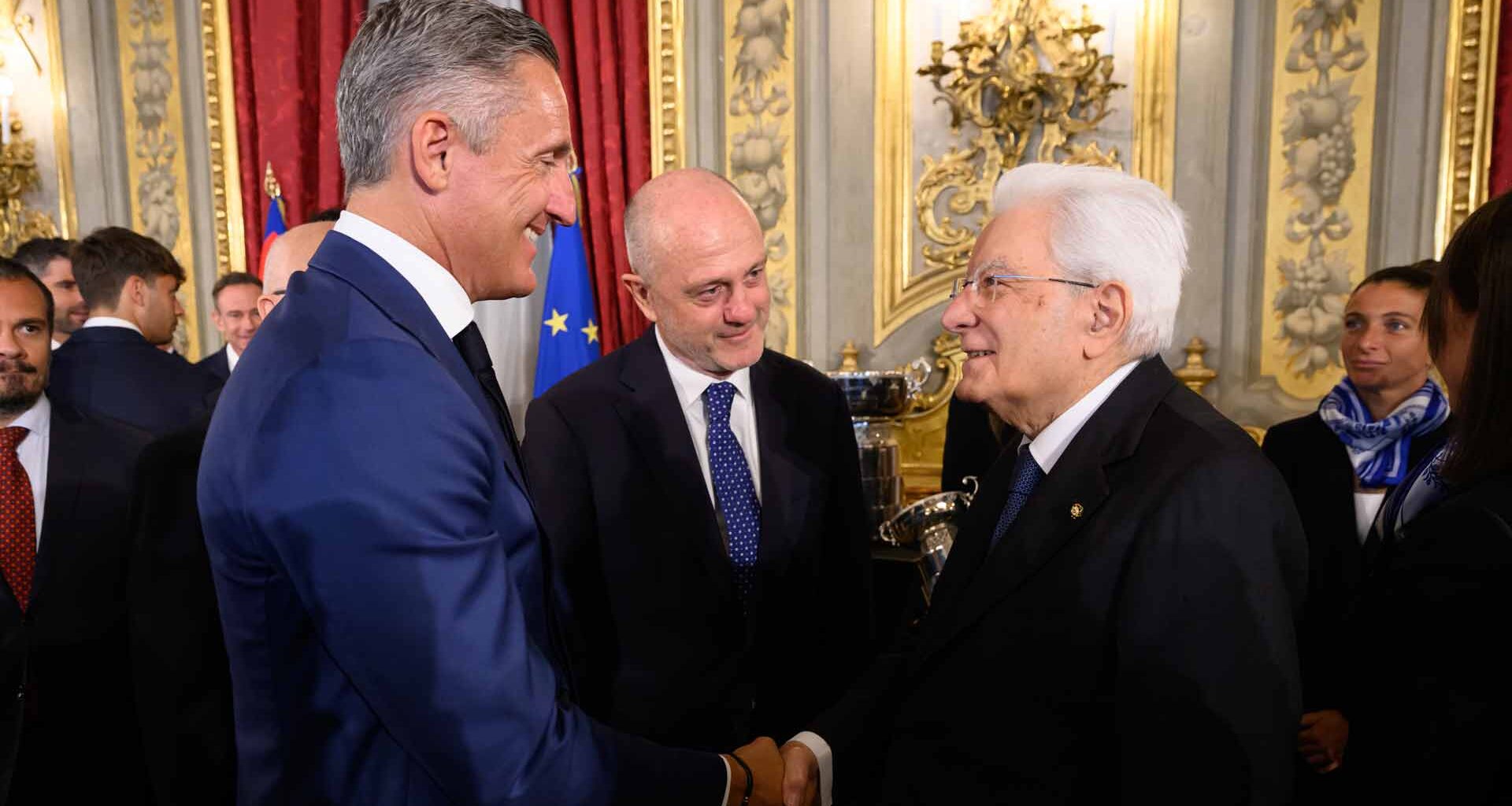 ATP Chairman Andrea Gaudenzi and Italian Tennis and Padel Federation President Angelo Binaghi speak with Italian President Sergio Mattarella.