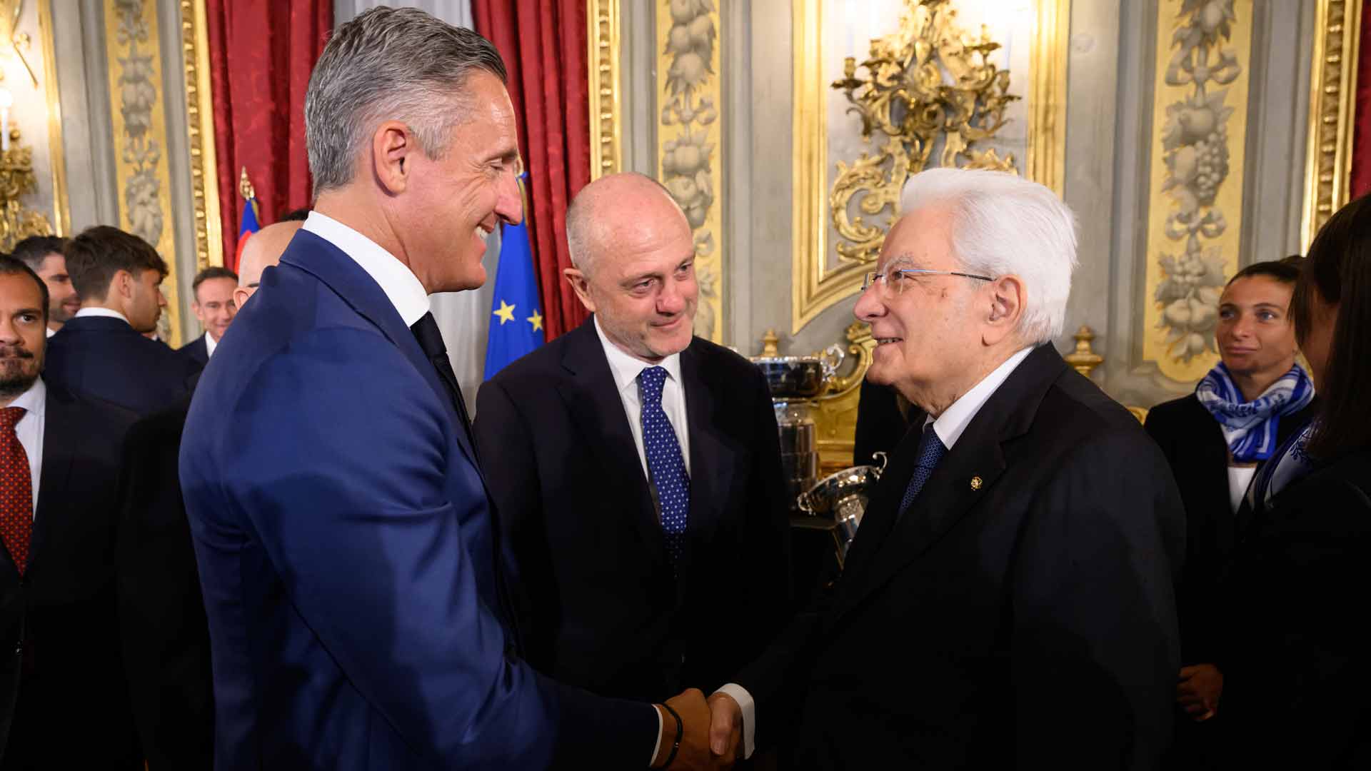 ATP Chairman Andrea Gaudenzi and Italian Tennis and Padel Federation President Angelo Binaghi speak with Italian President Sergio Mattarella.
