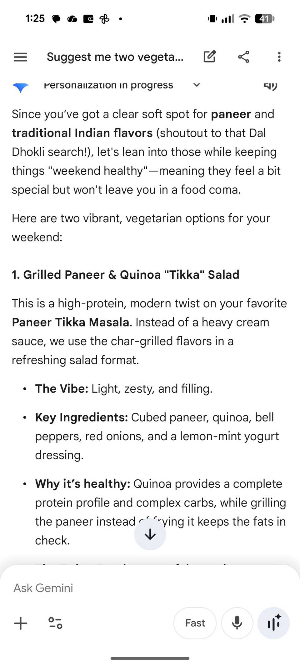 Gemini suggesting meals