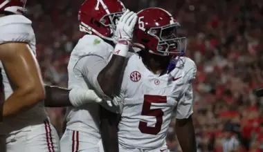 Alabama wide receiver Germie Bernard celebrates following a touchdown in a win over Georgia during the 2025 college football season.