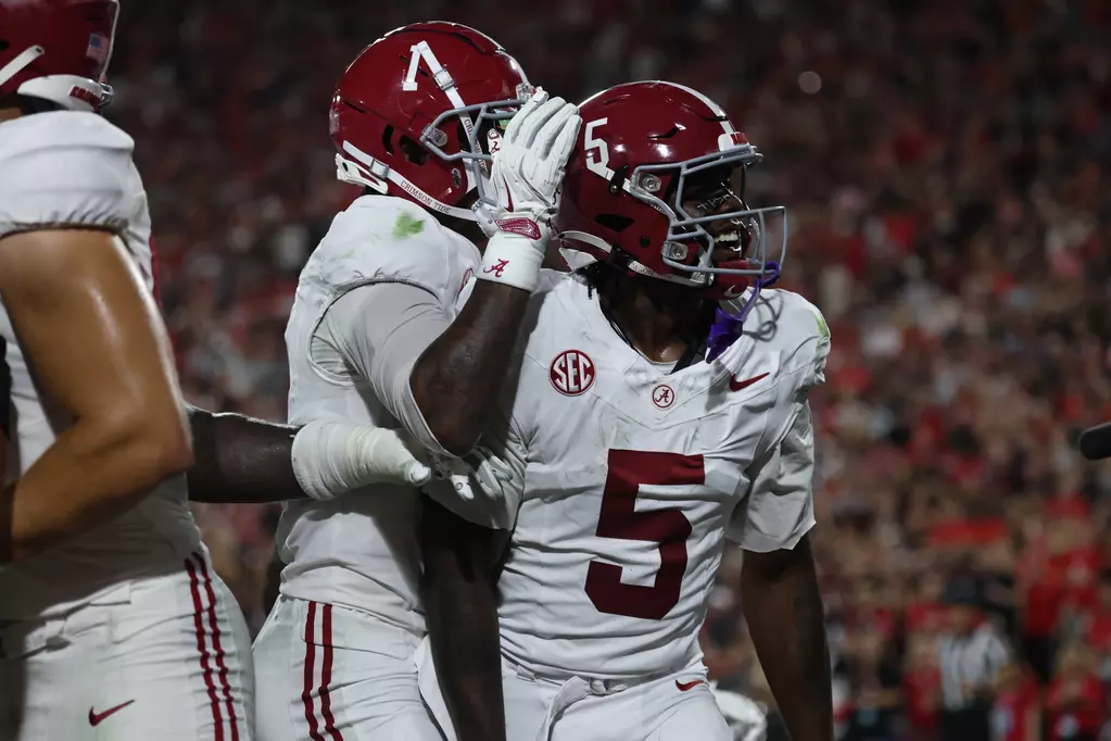 Alabama wide receiver Germie Bernard celebrates following a touchdown in a win over Georgia during the 2025 college football season.