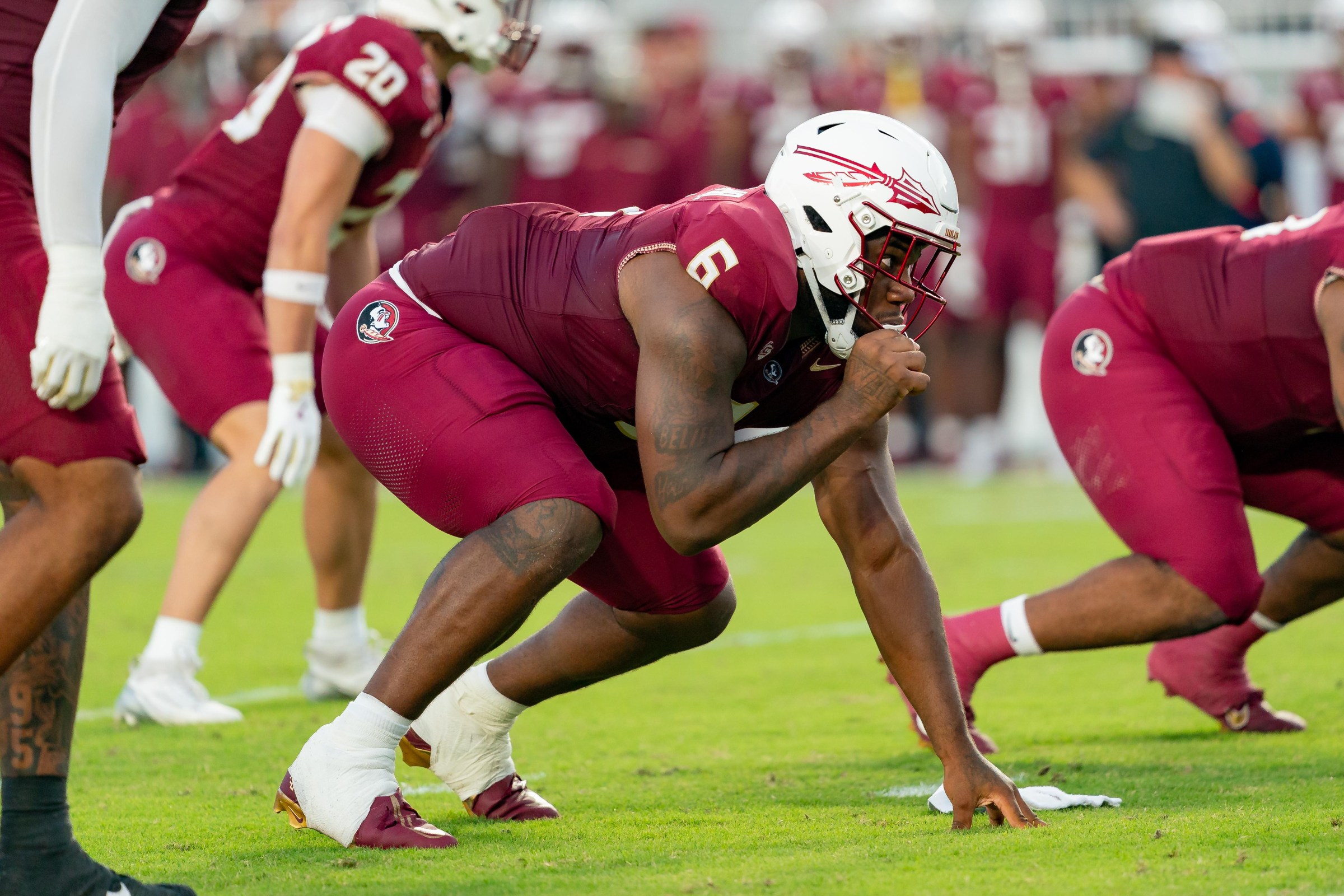 TALLAHASSEE, FL - SEPTEMBER 21:Florida State Seminoles defensive lineman Darrell Jackson Jr. (6) lines up during a college football game between the California Golden Bears and the Florida State Seminoles on September 21st, 2024 at Doak Campbell Stadium in Tallahassee, FL. (Photo by Chris Leduc/Icon Sportswire via Getty Images)