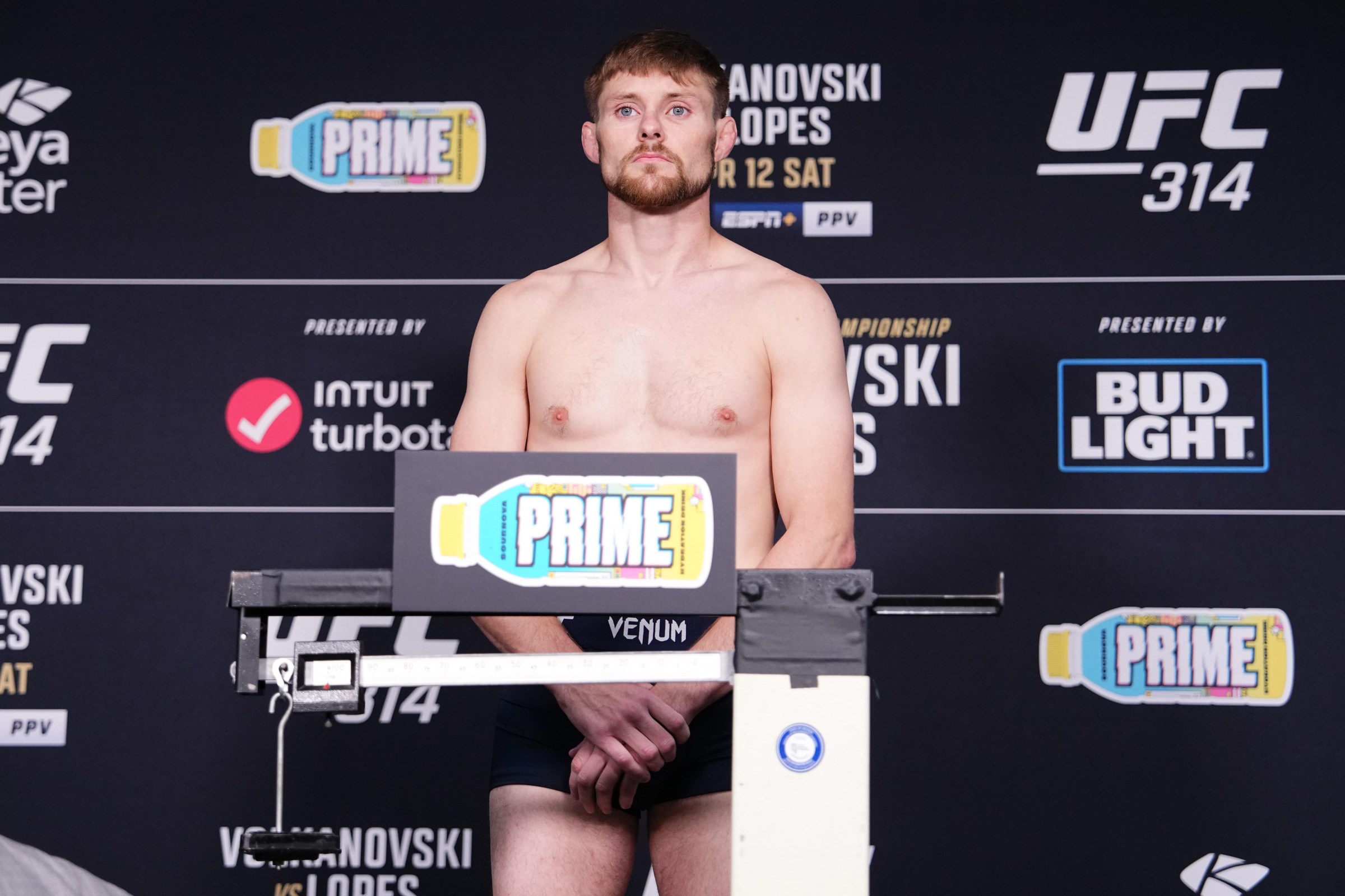 MIAMI, FLORIDA - APRIL 11: Bryce Mitchell poses on the scale during the UFC official weigh-in at Hyatt Regency on April 11, 2025 in Miami, Florida. (Photo by Jeff Bottari/Zuffa LLC)
