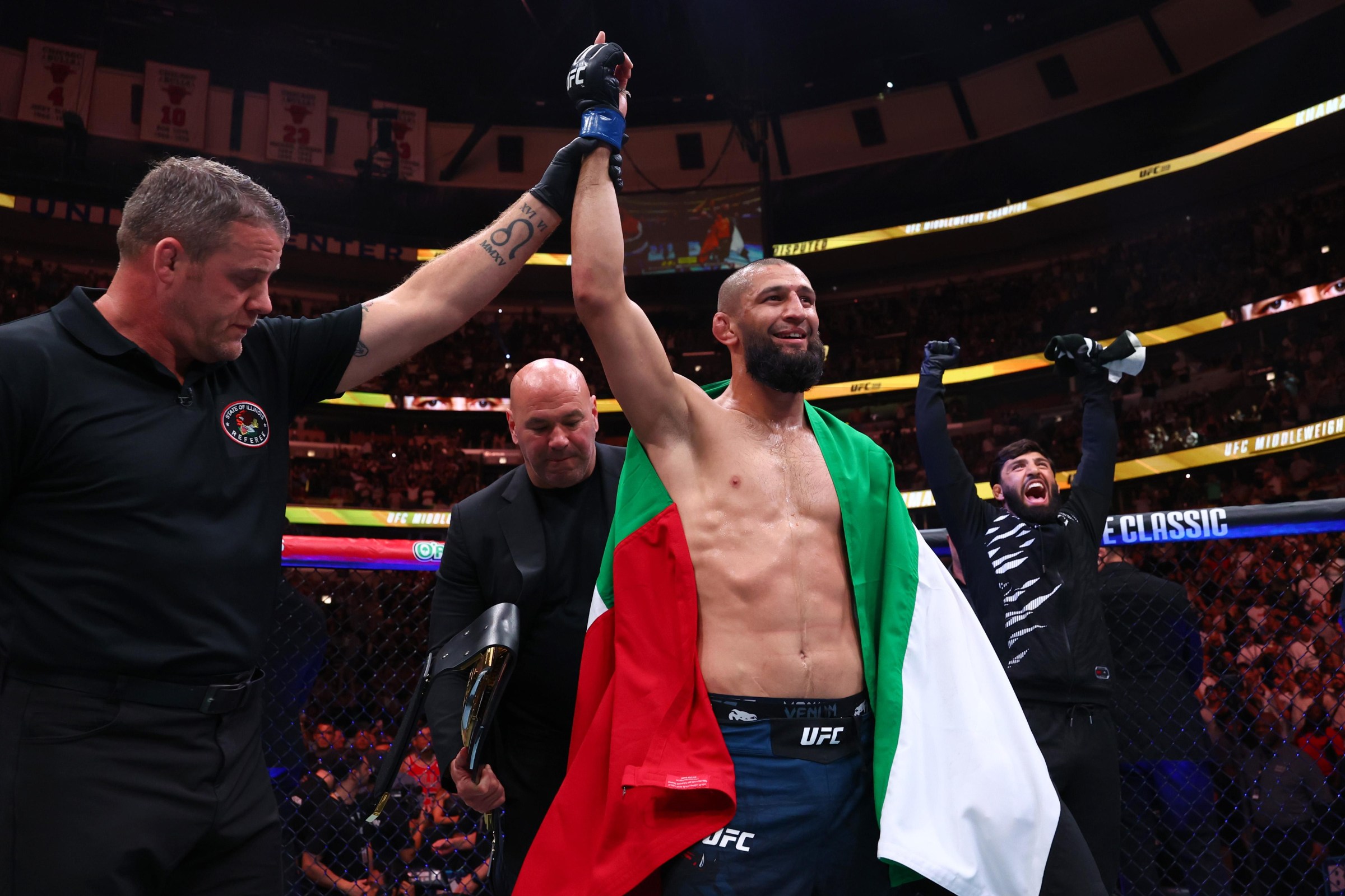 CHICAGO, ILLINOIS - AUGUST 16: Khamzat Chimaev of Russia reacts after a unanimous-decision victory against Dricus Du Plessis of South Africa in the UFC middleweight championship fight during the UFC 319 event at the United Center on August 16, 2025 in Chicago, Illinois. (Photo by Ed Mulholland/Zuffa LLC)