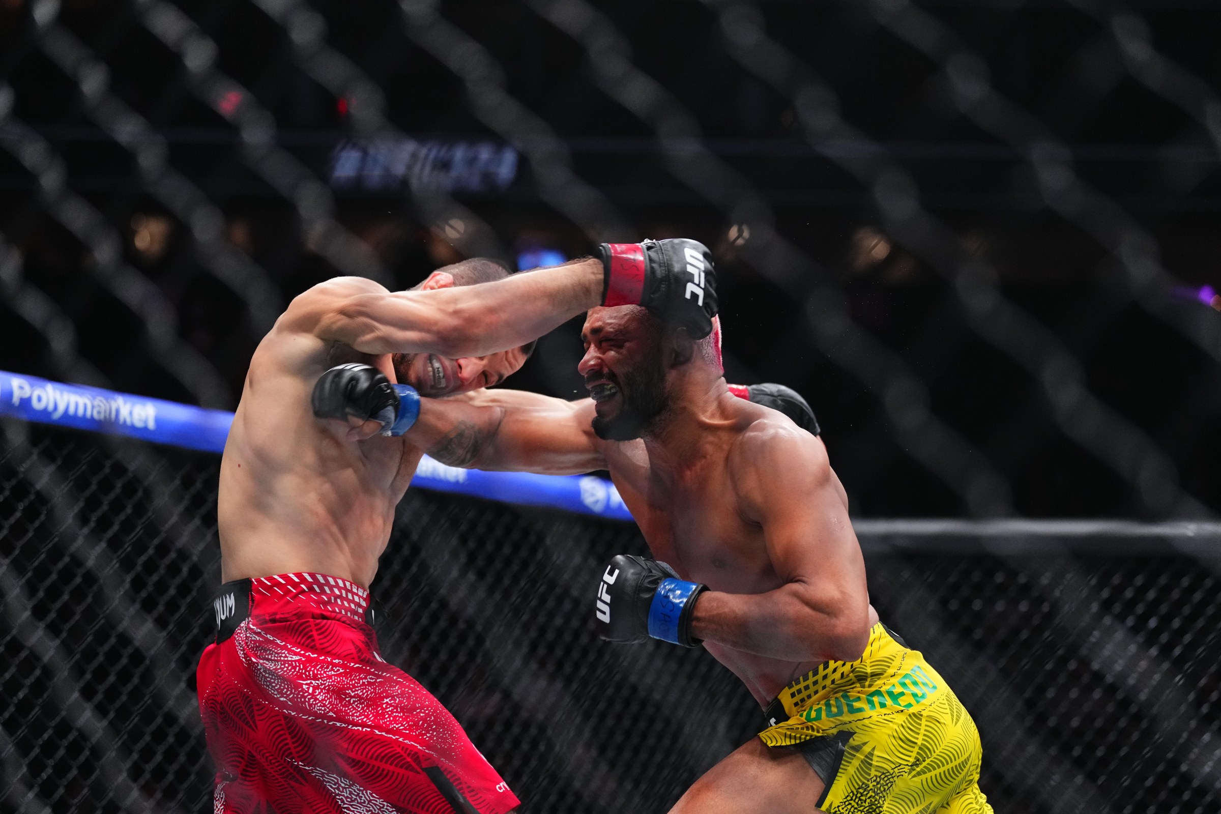 LAS VEGAS, NEVADA - JANUARY 24: (R-L) Deiveson Figueiredo strikes Umar Nurmagomedov of Russia in a bantamweight bout during the UFC 324 event at T-Mobile Arena on January 24, 2026 in Las Vegas, Nevada. (Photo by Jeff Bottari/Zuffa LLC)