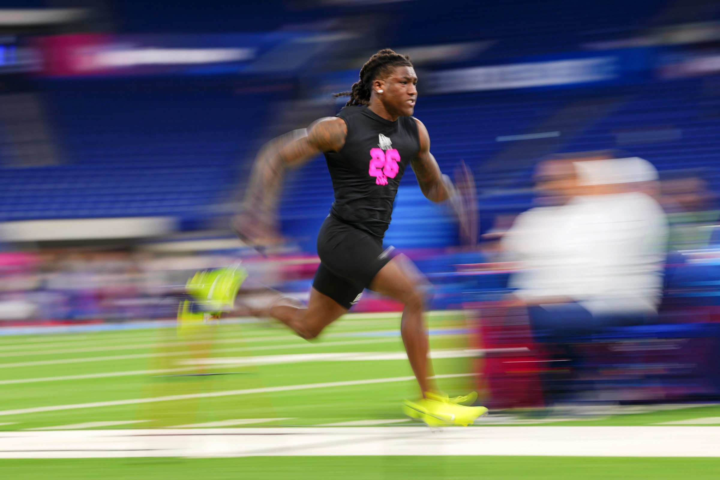 INDIANAPOLIS, IN - FEBRUARY 27: Toriano Pride Jr. #DB26 of Missouri runs the 40-yard dash during the 2026 NFL Scouting Combine at Lucas Oil Stadium on February 27, 2026 in Indianapolis, Indiana. (Photo by Cooper Neill/Getty Images)