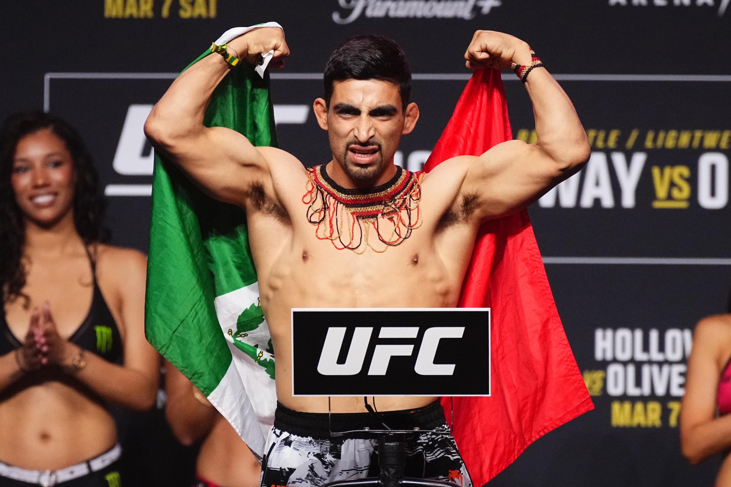 LAS VEGAS, NEVADA - MARCH 06: Jesus Aguilar of Mexico poses on the scale during the UFC 326 ceremonial weigh-in at MGM Grand Garden Arena on March 06, 2026 in Las Vegas, Nevada. (Photo by Jeff Bottari/Zuffa LLC)