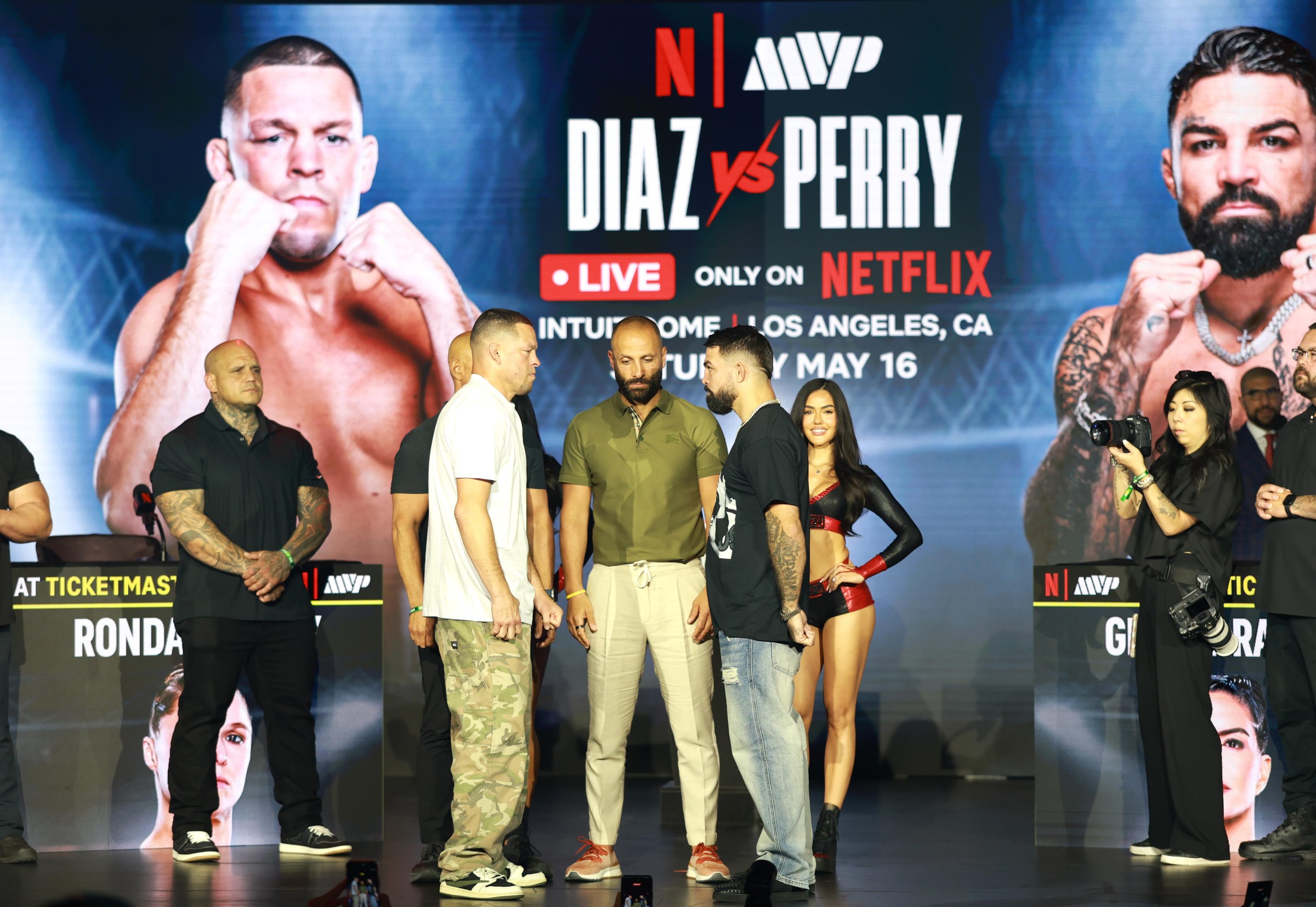 NEW YORK, NY - APRIL 15: Nate Diaz and Mike Perry attend Rousey vs. Carano NYC Press Conference at The Palladium on April 15, 2026 in New York, New York. (Photo by Sarah Stier/Getty Images for Netflix)