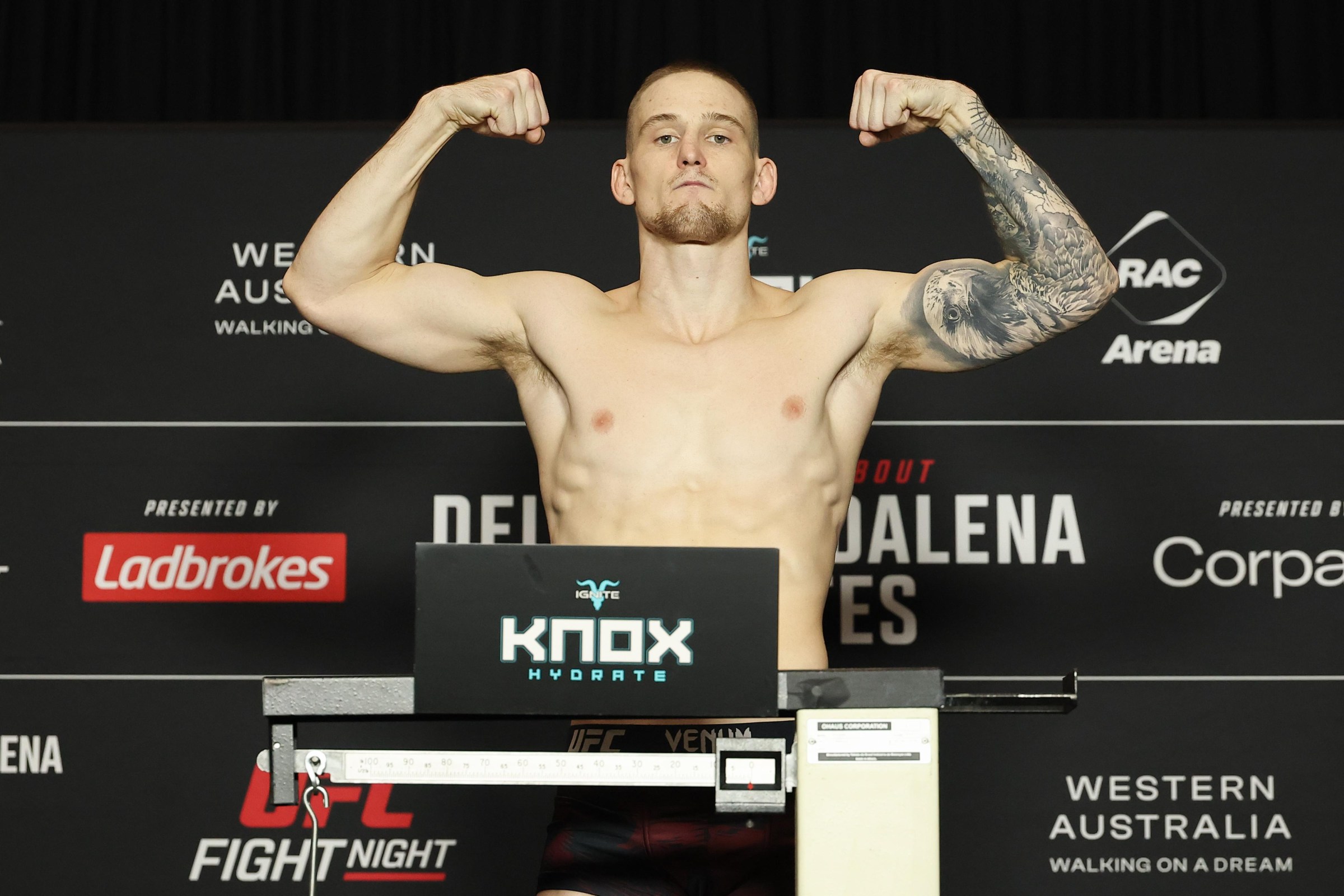 PERTH, AUSTRALIA - MAY 1: Ollie Schmid poses on the scale at the UFC Fight Night Perth official weigh-in at the Residence on Langley Park on May 1, 2026 in Perth, Australia. (Photo by Ed Mulholland/Zuffa LLC)