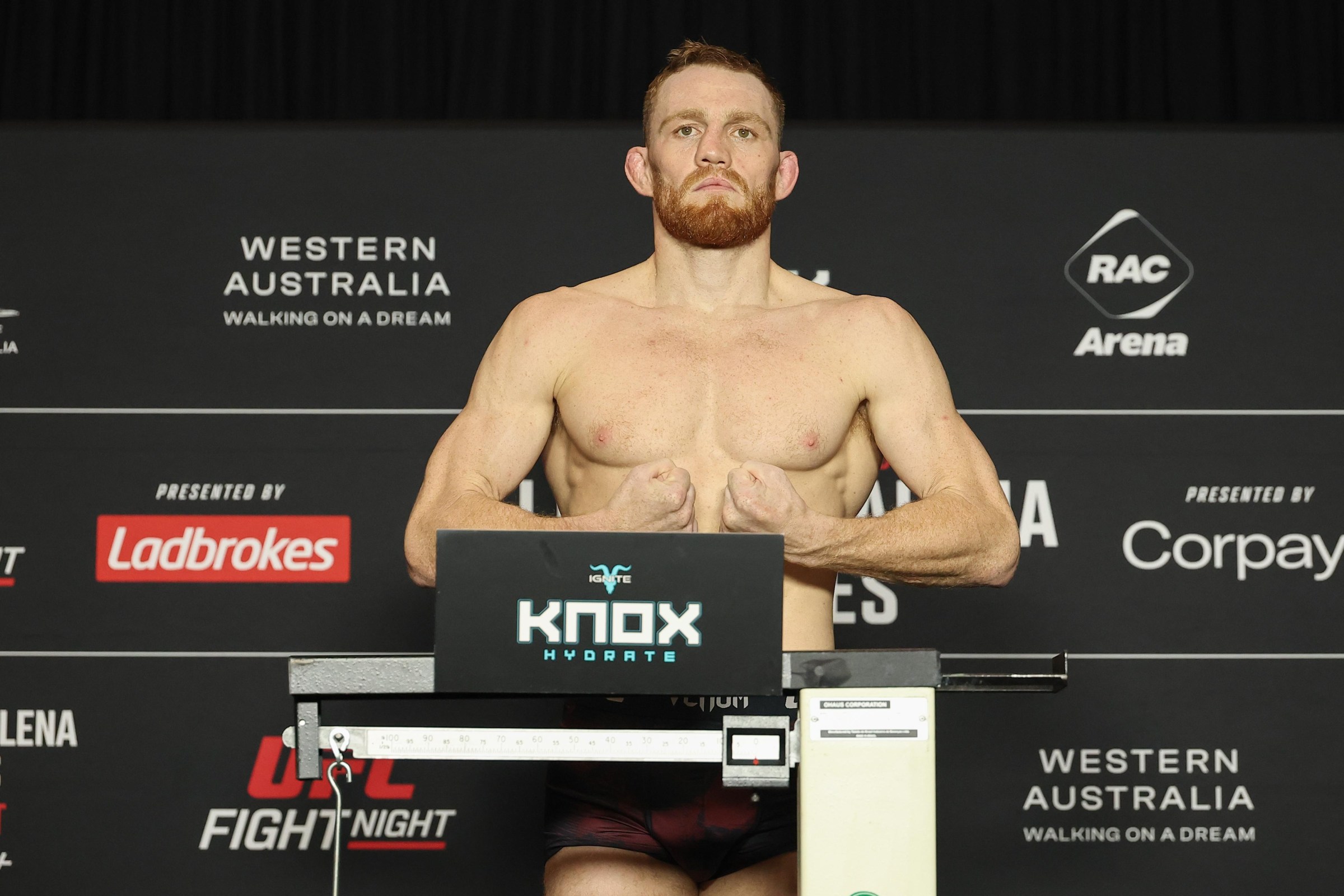 PERTH, AUSTRALIA - MAY 1: Jack Della Maddalena poses on the scale at the UFC Fight Night Perth official weigh-in at the Residence on Langley Park on May 1, 2026 in Perth, Australia. (Photo by Ed Mulholland/Zuffa LLC)