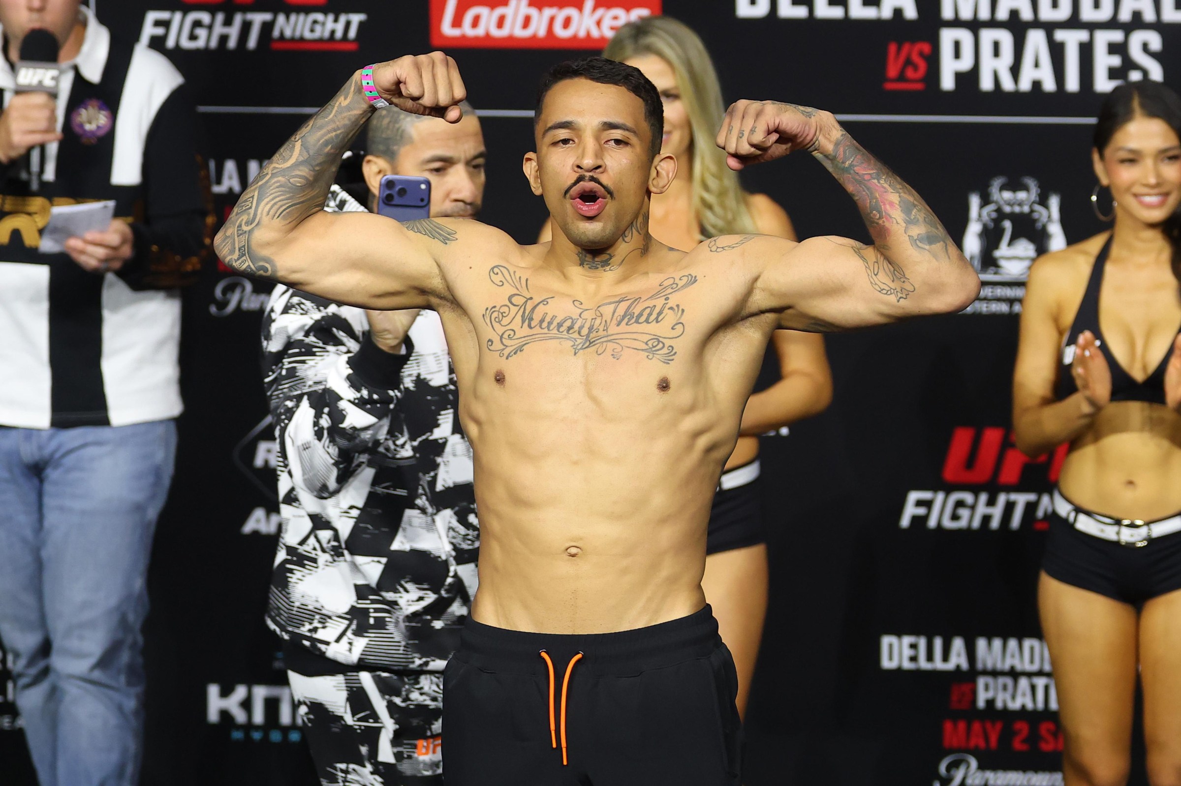 PERTH, AUSTRALIA - MAY 01: Carlos Prates of Brazil poses on the scale during the UFC Fight Night ceremonial weigh-in at RAC Arena on May 01, 2026 in Perth, Australia. (Photo by Ed Mulholland/Zuffa LLC)