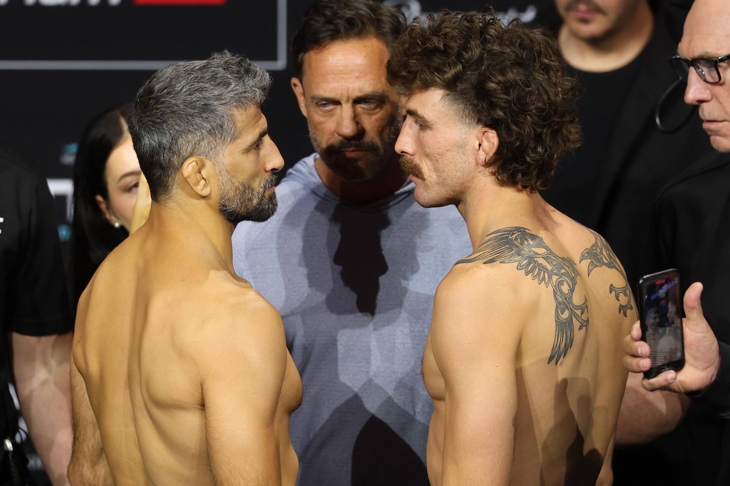 PERTH, AUSTRALIA - MAY 01: (L-R) Opponents Beneil Dariush of Iran and Quillan Salkilld of Australia face off during the UFC Fight Night ceremonial weigh-in at RAC Arena on May 01, 2026 in Perth, Australia. (Photo by Ed Mulholland/Zuffa LLC)