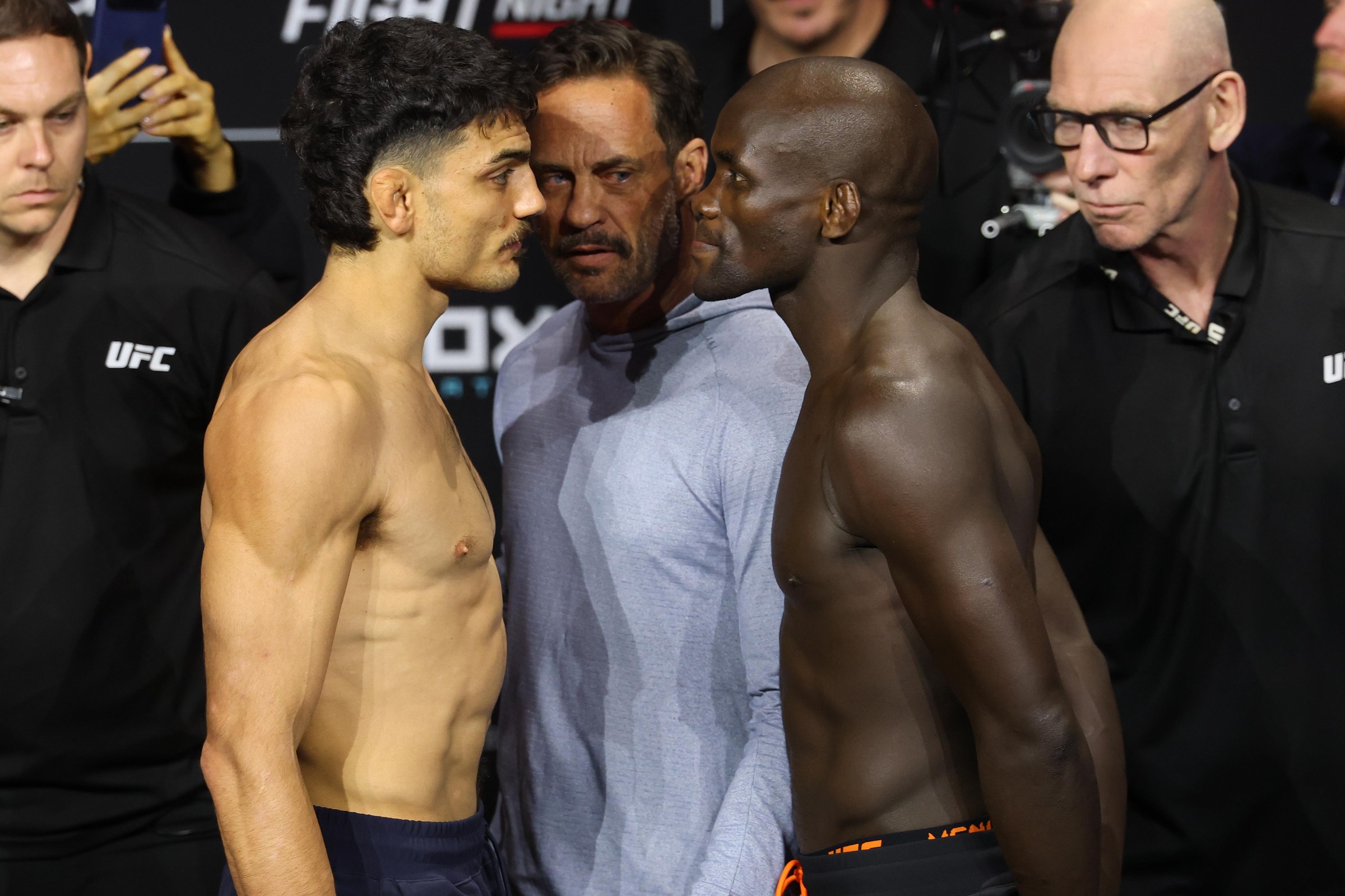PERTH, AUSTRALIA - MAY 01: (L-R) Opponents Jonathan Micallef of Australia and Themba Gorimbo of Zimbabwe face off during the UFC Fight Night ceremonial weigh-in at RAC Arena on May 01, 2026 in Perth, Australia. (Photo by Ed Mulholland/Zuffa LLC)