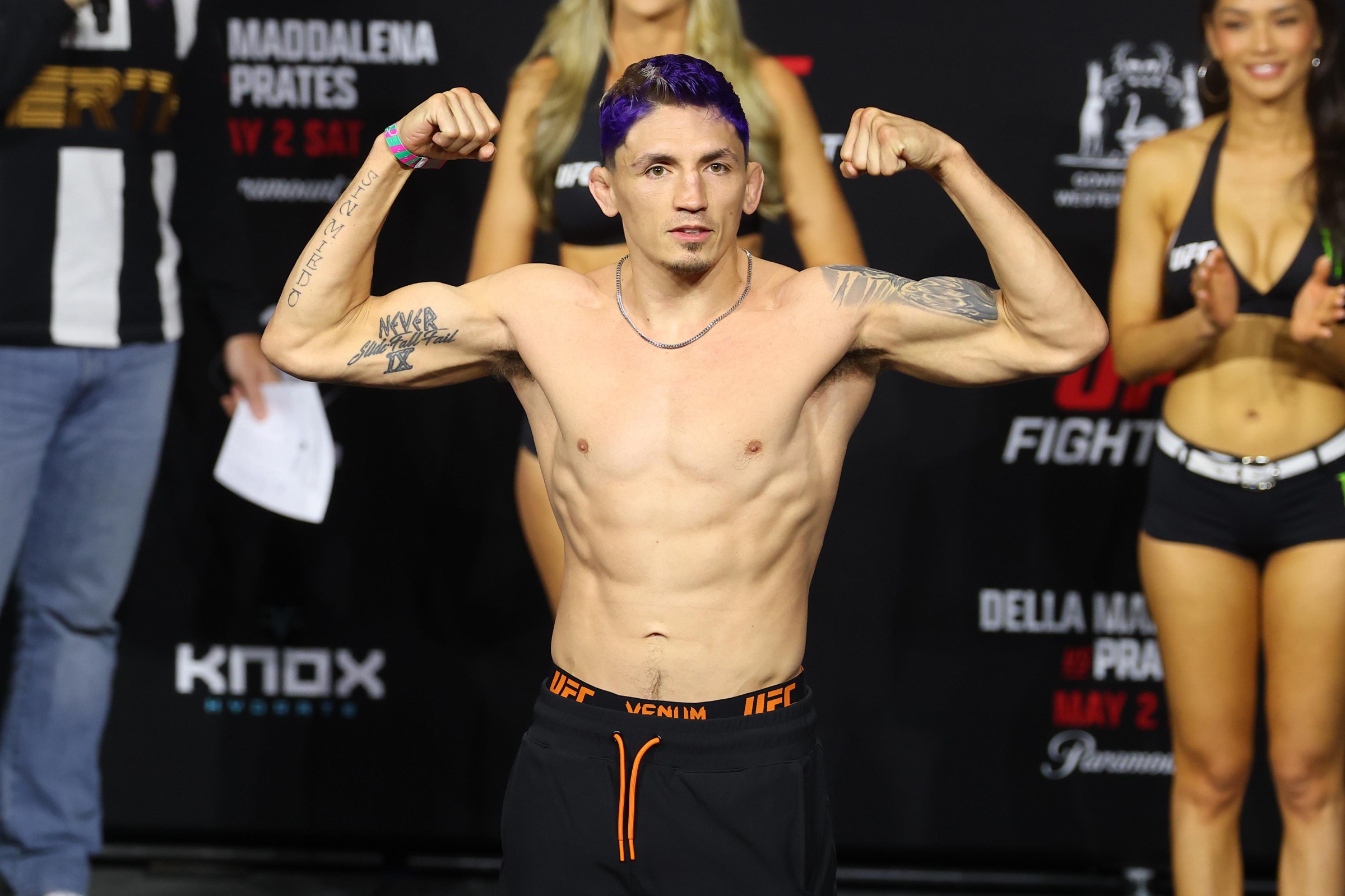 PERTH, AUSTRALIA - MAY 01: Vince Morales poses on the scale during the UFC Fight Night ceremonial weigh-in at RAC Arena on May 01, 2026 in Perth, Australia. (Photo by Ed Mulholland/Zuffa LLC)