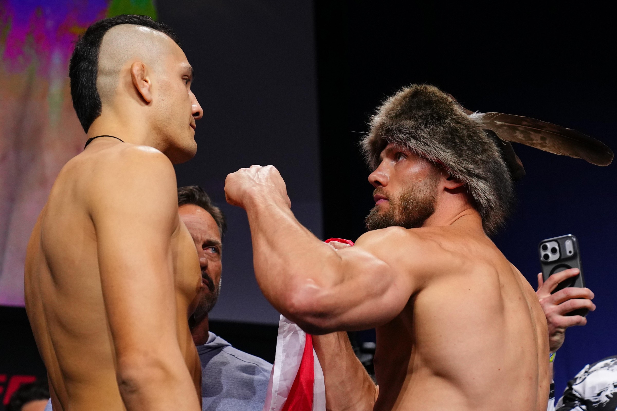 PERTH, AUSTRALIA - MAY 01: (L-R) Opponents Cam Rowston of Australia and Robert Bryczek of Poland face off during the UFC Fight Night ceremonial weigh-in at RAC Arena on May 01, 2026 in Perth, Australia. (Photo by Mike Roach/Zuffa LLC)