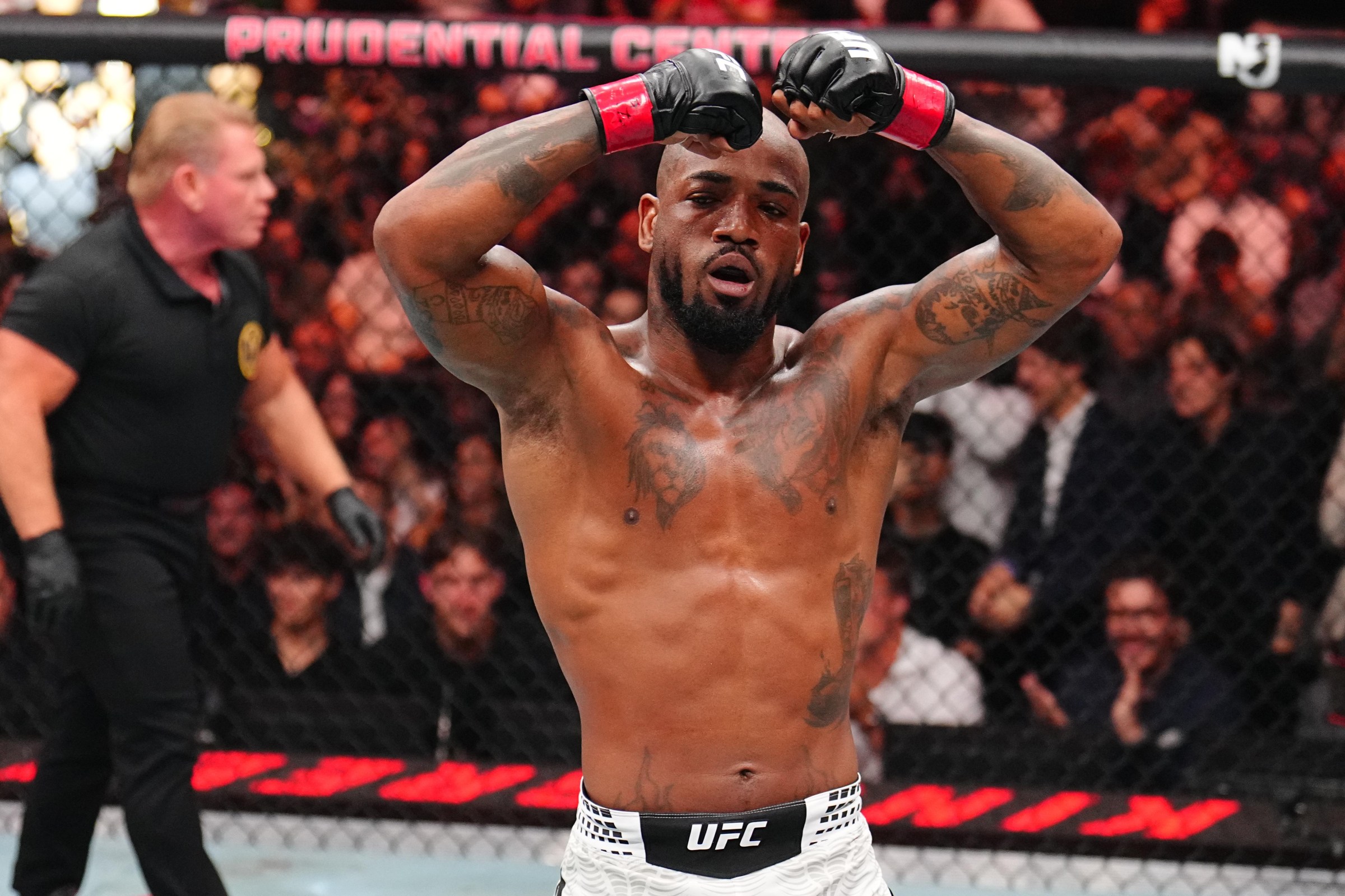 NEWARK, NEW JERSEY - MAY 09: King Green reacts after a submission victory against Jeremy Stephens in a lightweight fight during the UFC 328 event at Prudential Center on May 09, 2026 in Newark, New Jersey. (Photo by Chris Unger/Zuffa LLC)