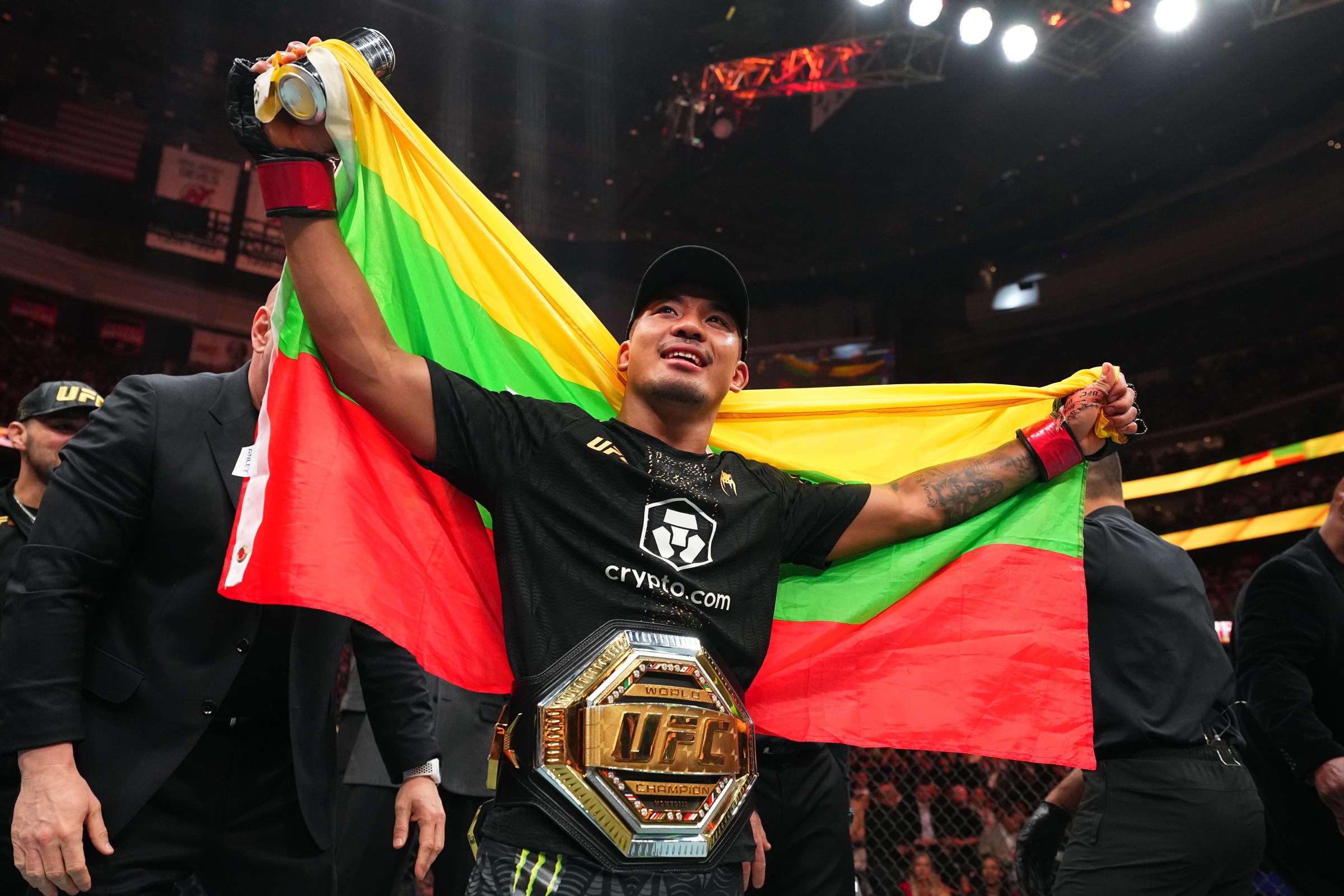 NEWARK, NEW JERSEY - MAY 09: Joshua Van of Myanmar reacts after a TKO victory against Tatsuro Taira of Japan in the UFC flyweight championship fight during the UFC 328 event at Prudential Center on May 09, 2026 in Newark, New Jersey. (Photo by Chris Unger/Zuffa LLC)