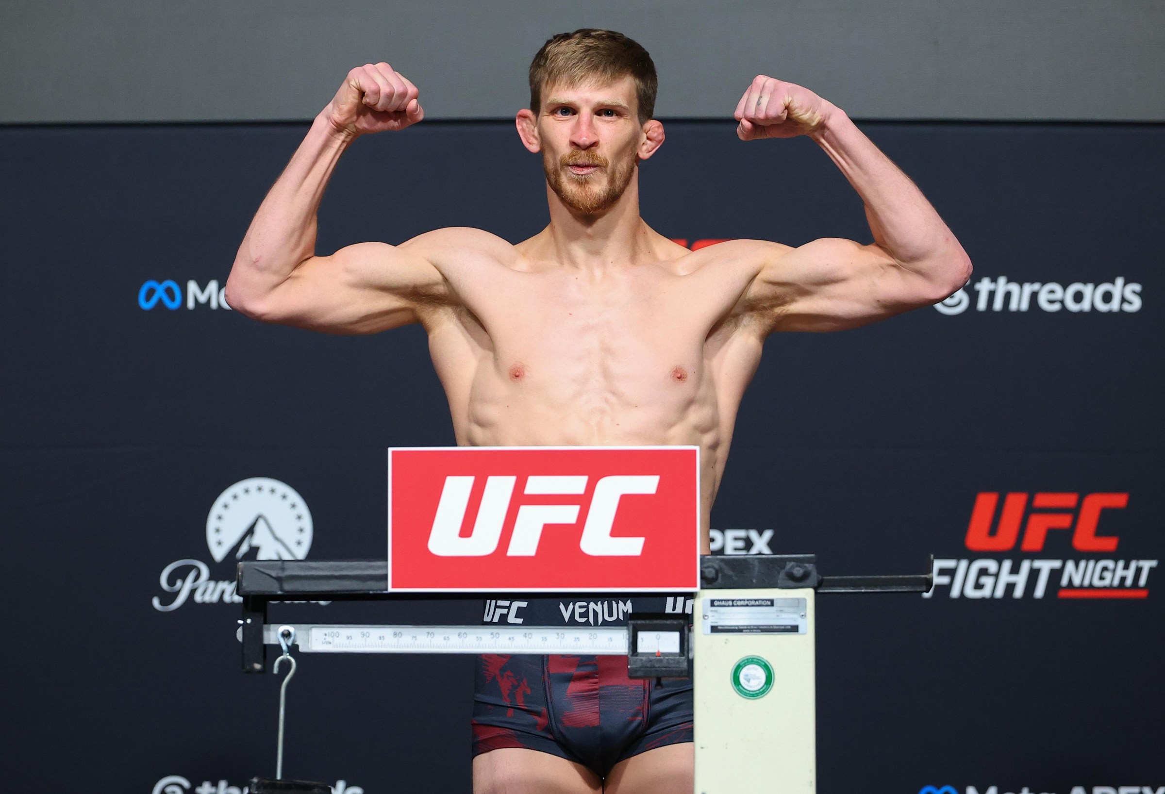 LAS VEGAS, NEVADA - MAY 15: Arnold Allen poses on the scale during the official weigh-in for UFC Fight Night at Meta APEX on May 15, 2026 in Las Vegas, Nevada. (Photo by Ed Mulholland/Zuffa LLC via Getty Images)