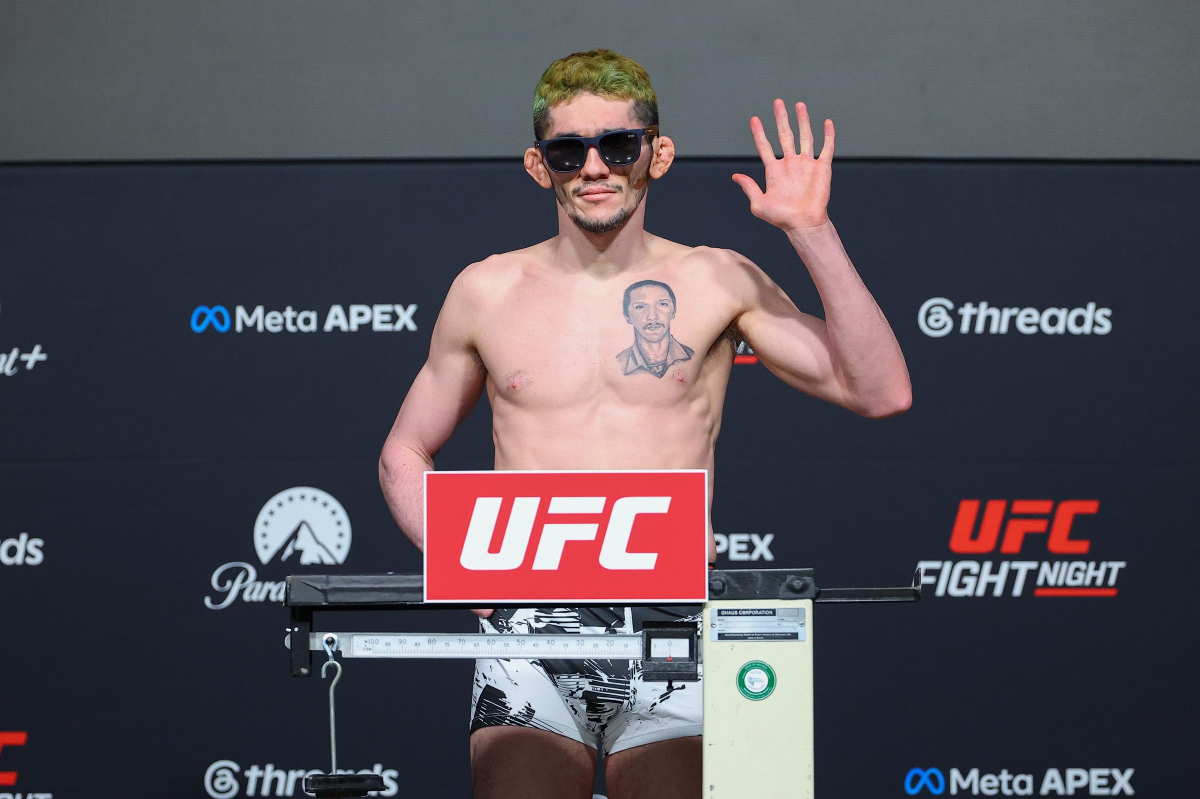 LAS VEGAS, NEVADA - MAY 15: Melquizael Costa poses on the scale during the official weigh-in for UFC Fight Night at Meta APEX on May 15, 2026 in Las Vegas, Nevada. (Photo by Ed Mulholland/Zuffa LLC via Getty Images)