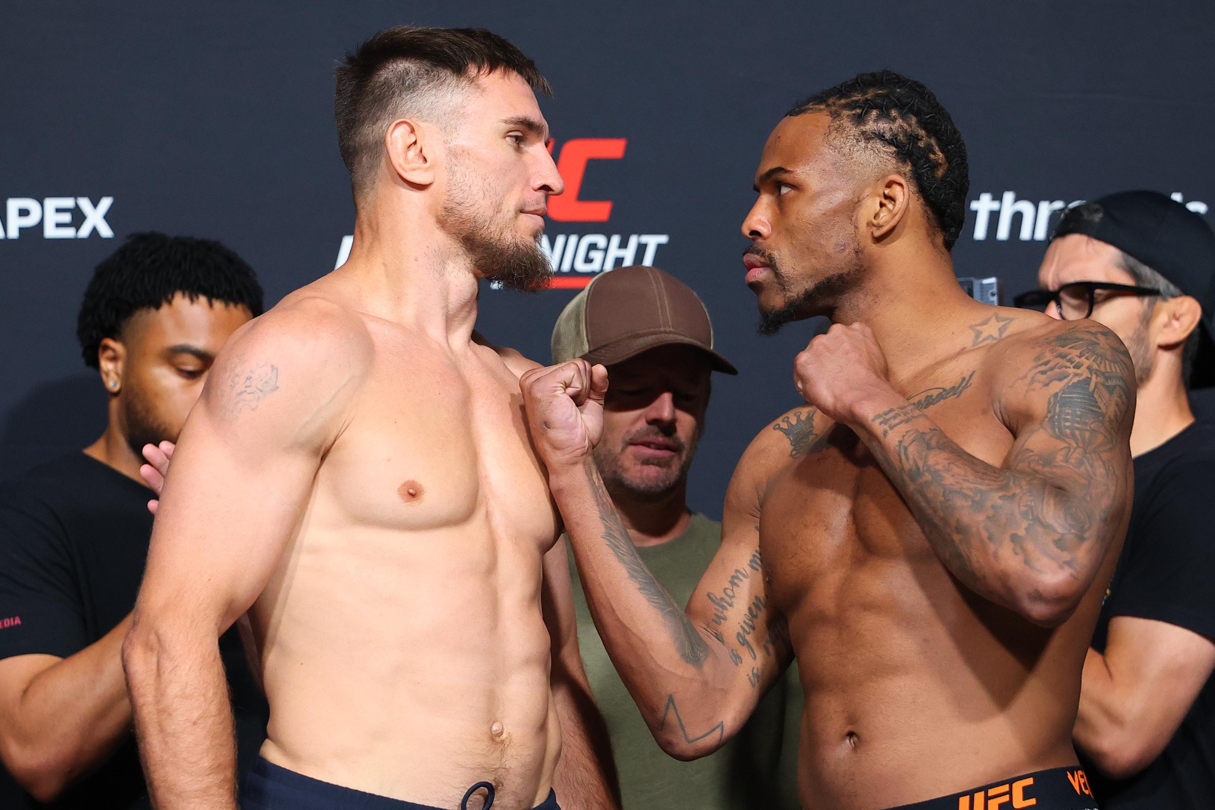 LAS VEGAS, NEVADA - MAY 15: Nikolay Veretennikov and Khaos Williams face-off during the official weigh-in for UFC Fight Night at Meta APEX on May 15, 2026 in Las Vegas, Nevada. (Photo by Ed Mulholland/Zuffa LLC)