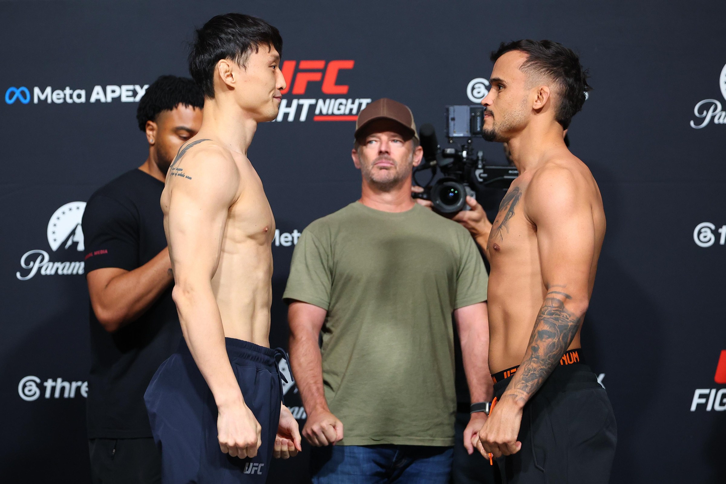 LAS VEGAS, NEVADA - MAY 15: Dooho Choi and Daniel Santos face-off during the official weigh-in for UFC Fight Night at Meta APEX on May 15, 2026 in Las Vegas, Nevada. (Photo by Ed Mulholland/Zuffa LLC)