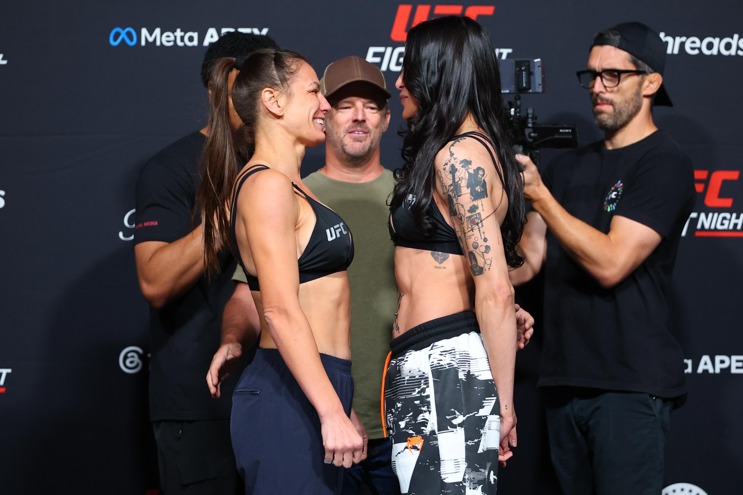 LAS VEGAS, NEVADA - MAY 15: Alice Ardelean and Polyana Viana face-off during the official weigh-in for UFC Fight Night at Meta APEX on May 15, 2026 in Las Vegas, Nevada. (Photo by Ed Mulholland/Zuffa LLC)