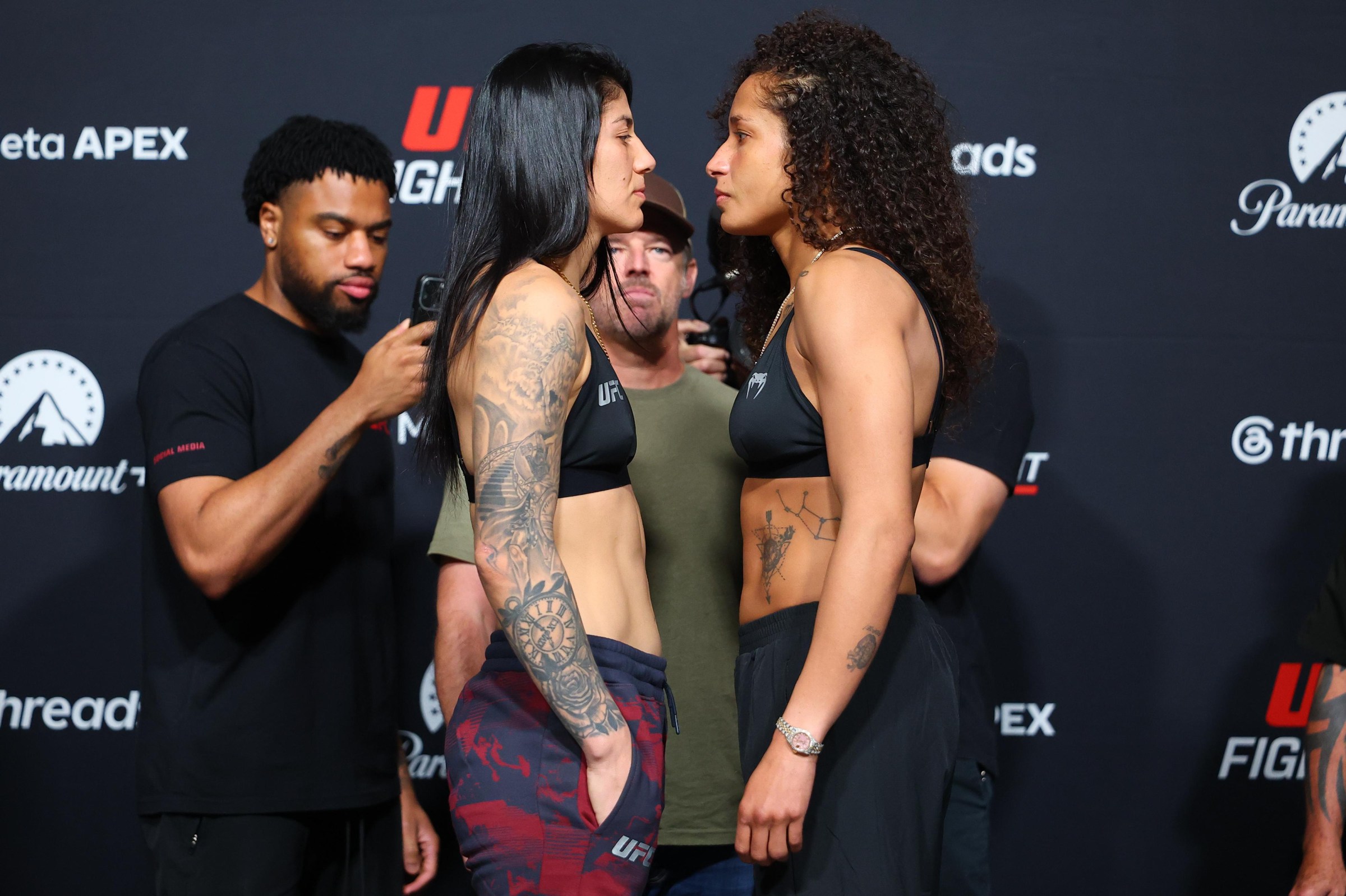 LAS VEGAS, NEVADA - MAY 15: Ketlen Vieira and Jacqueline Cavalcanti face-off during the official weigh-in for UFC Fight Night at Meta APEX on May 15, 2026 in Las Vegas, Nevada. (Photo by Ed Mulholland/Zuffa LLC)