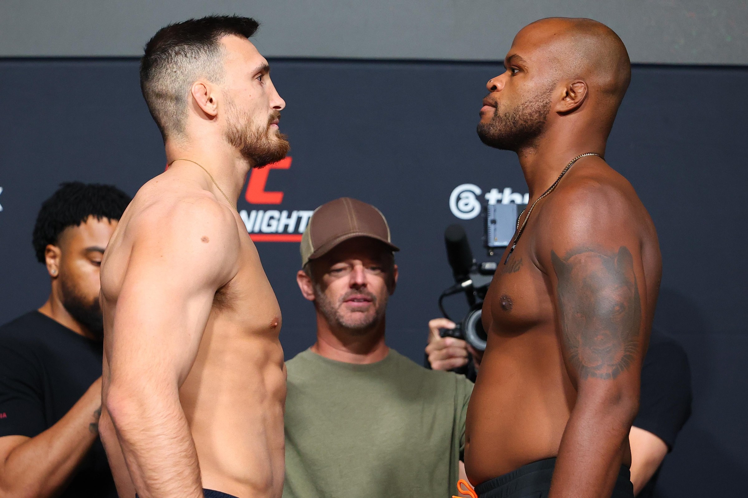 LAS VEGAS, NEVADA - MAY 15: Modestas Bukauskas and Christian Edwards face-off during the official weigh-in for UFC Fight Night at Meta APEX on May 15, 2026 in Las Vegas, Nevada. (Photo by Ed Mulholland/Zuffa LLC)