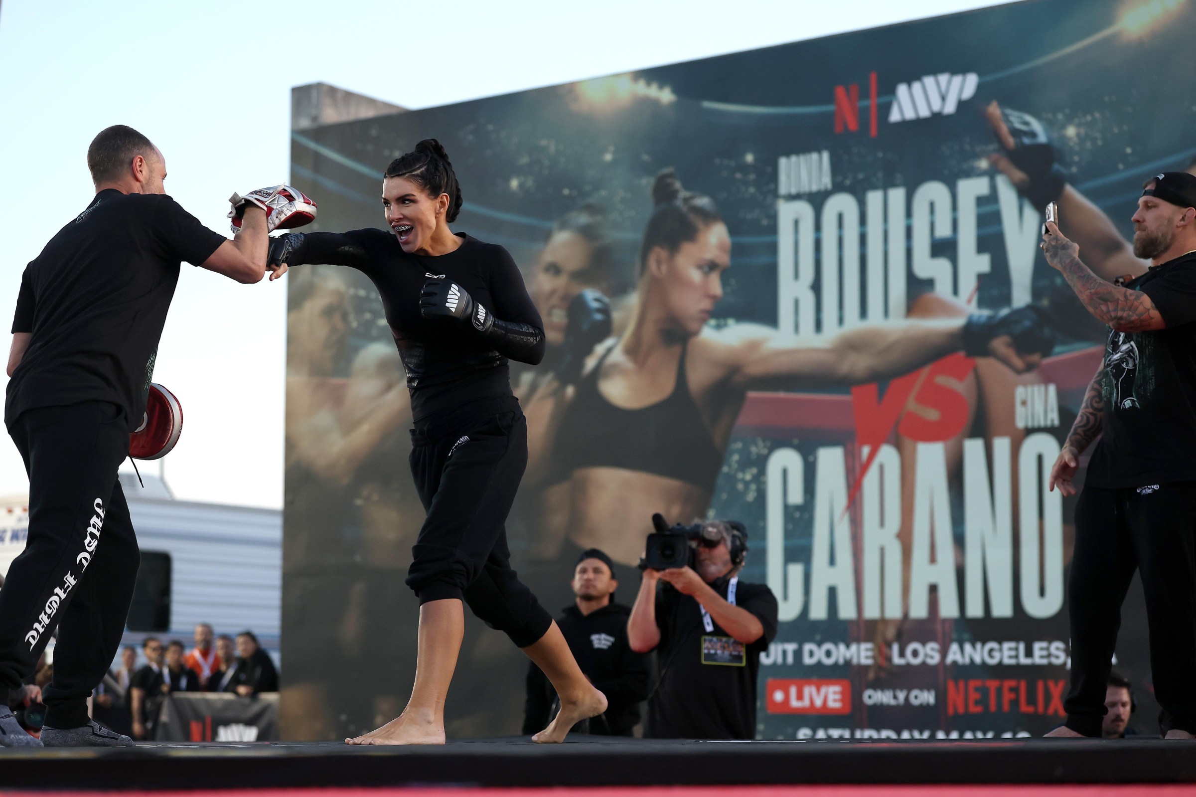 VENICE, CALIFORNIA - MAY 13: Gina Carano particpates in training during the Open Workout for Netflix’s Ronda Rousey vs. Gina Carano at Venice Beach on May 13, 2026 in Venice, California. (Photo by Sarah Stier/Getty Images for Netflix)
