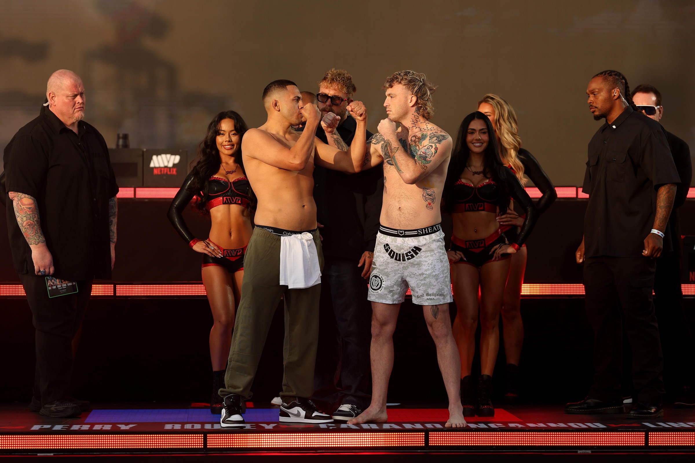 INGLEWOOD, CALIFORNIA - MAY 15: Chris Avila and Brandon Jenkins face off during the Weigh-In for Netflix’s Ronda Rousey vs. Gina Carano at Intuit Dome on May 15, 2026 in Inglewood, California. (Photo by Sarah Stier/Getty Images for Netflix)